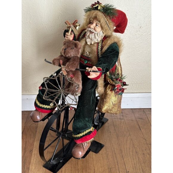 Vtg Old World Santa Claus Riding Bicycle Bike Lg 21” Christmas Decor Composite - Picture 1 of 16